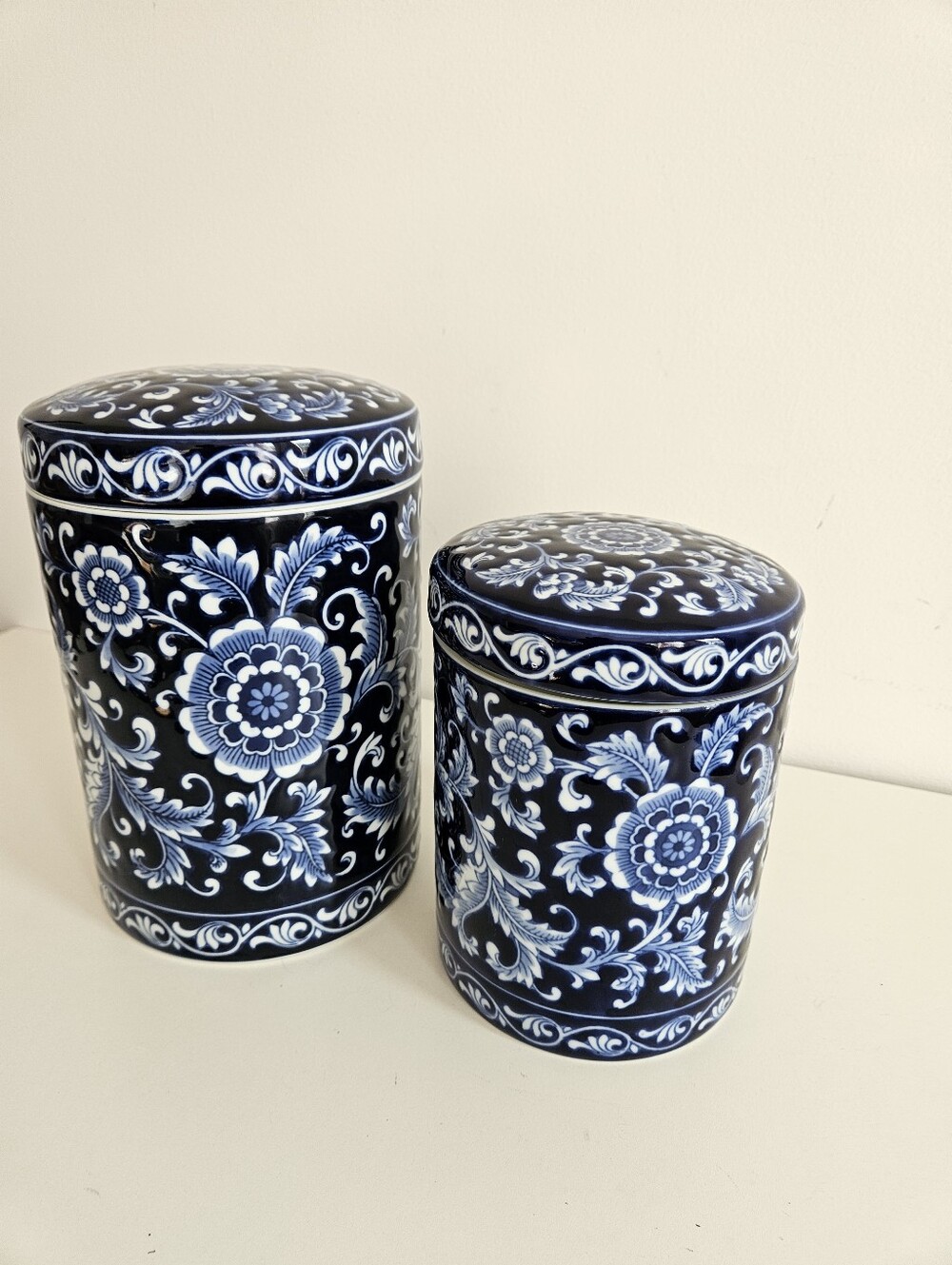 Set of 2 Pier 1 Blue & White Ceramic Lidded Canisters / Storage Jars